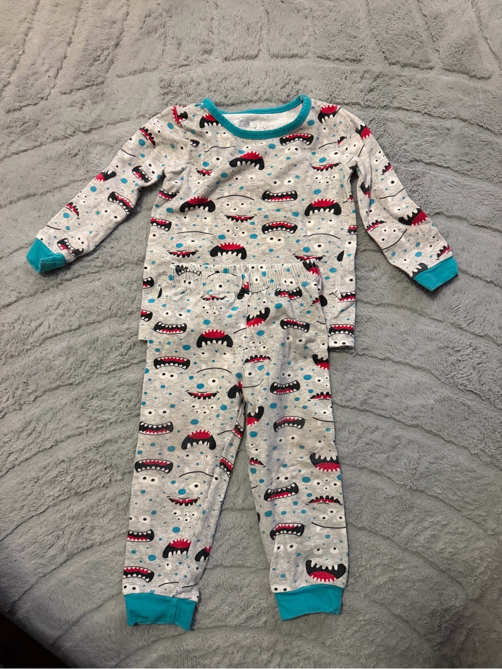 Sleep On It Grey Monster Print Pajamas with Teal Trim